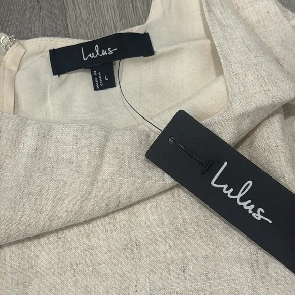 Chic Beige Cream Linen Pom Pom Women’s Midi Dress Lulu’s Boho Large - Picture 10 of 16